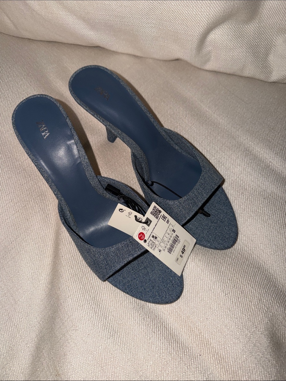 Zara Denim Blue Open-Toe Kitten Heel Mules